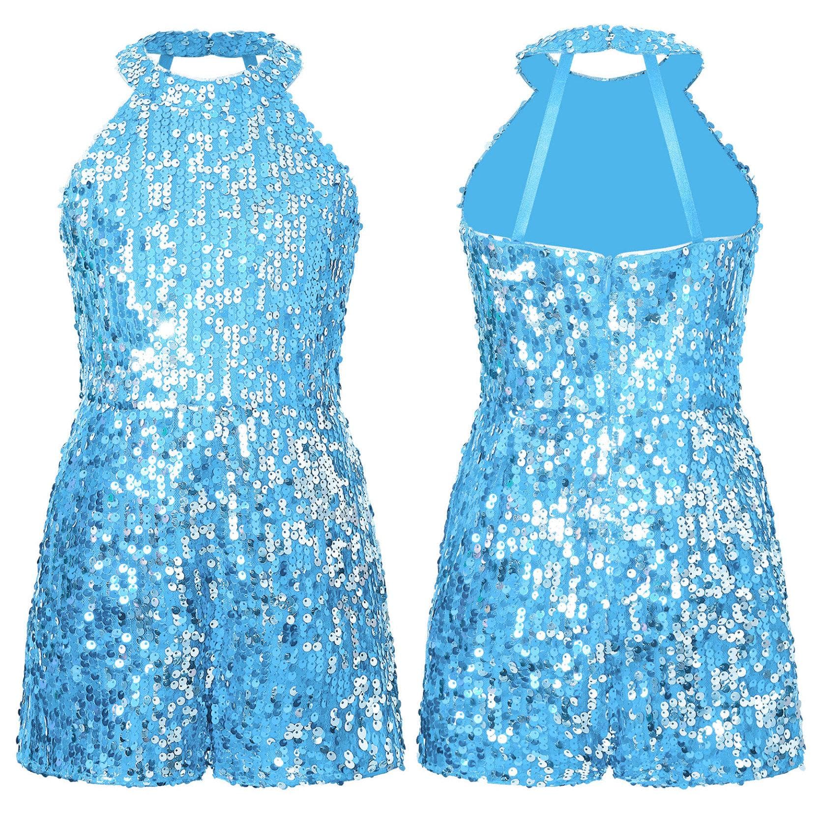 Girls Jazz Dance Costume Halter Shiny Sequins Leotard Sleeveless Short Jumpsuit Stage Performance Clothes 9-10 Years light blue
