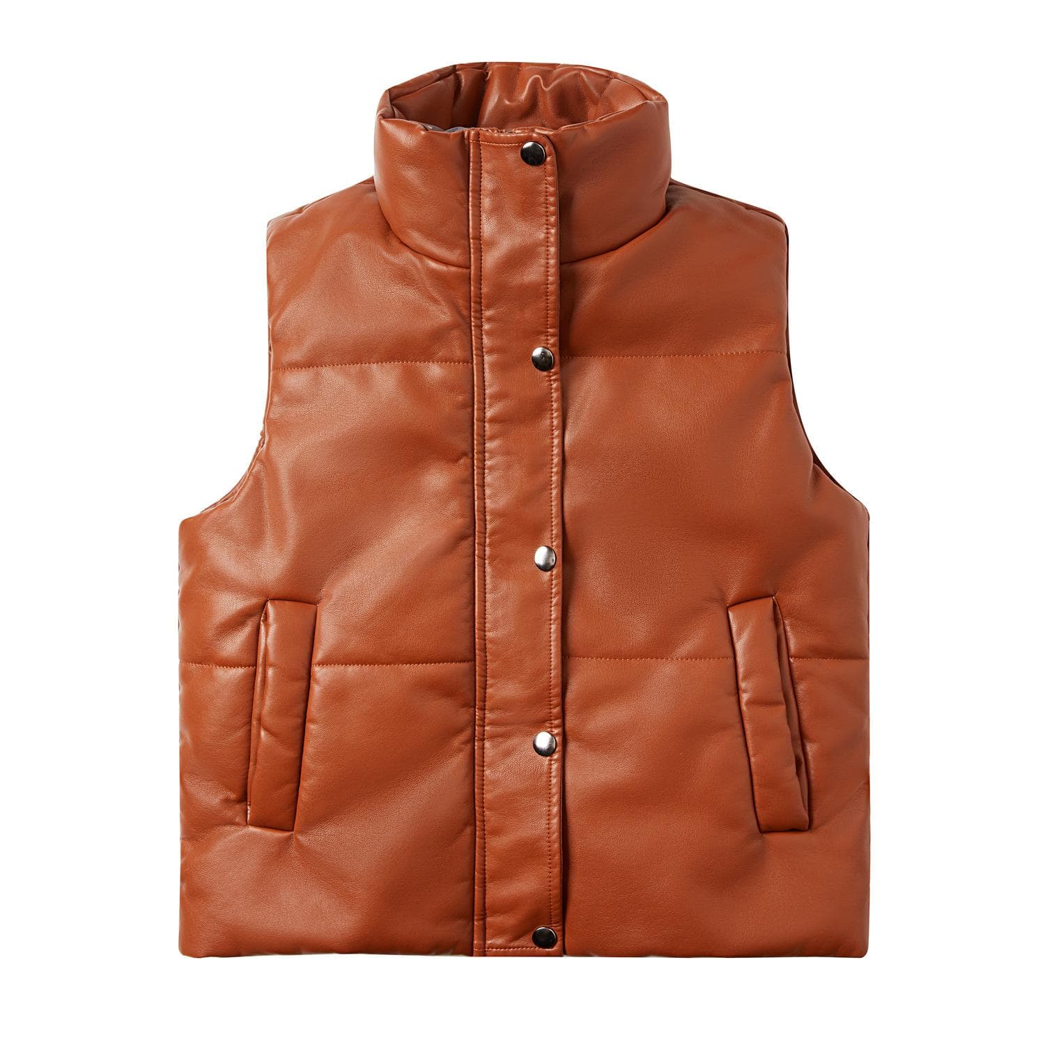 Autumn and Winter Women's Leather Vest Sleeveless Quilted Zipper Cotton Jacket with Stand Collar 3XL