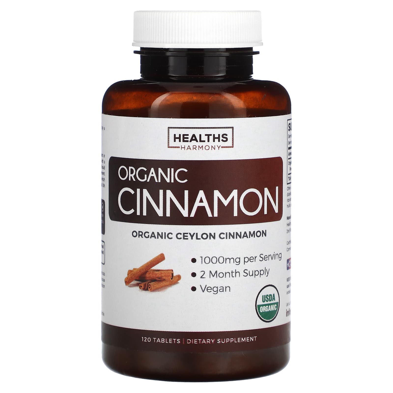 Healths Harmony, Organic Ceylon Cinnamon, 1,000 mg, 120 tablets (500 mg per tablet)