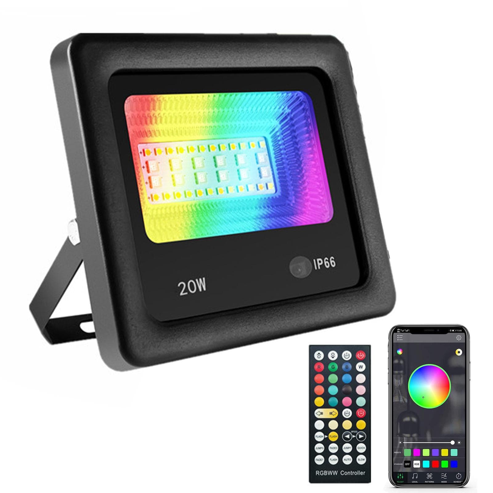 20W RGBCW Flood Light Outdoor Floodlight IP66 Waterproof Remote Control Phone App Control Music EU Plug black