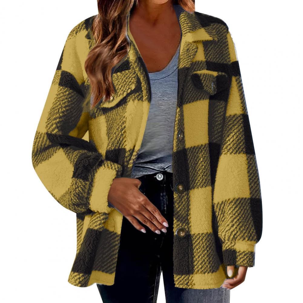 Fall Spring Lady Coat Plaid Print Cardigan Button-down Thick Fleece Long Sleeves Fake Chest Pockets Turn-down Collar Cardigan Da M yellow