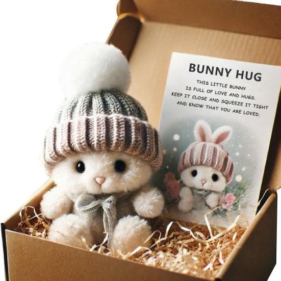 Handmade Mini Bunny Hug Easter Gift with Card Stuffed Plush Bunny Figurine in A Box Cute Pocket Bunny Emotional Support Gift for Women Men