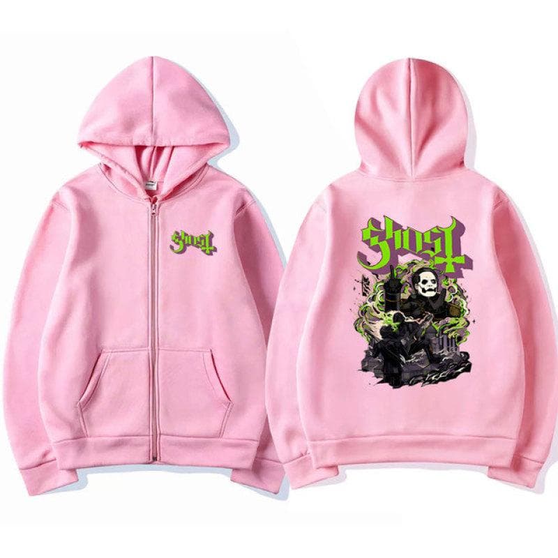 Ghost Band Zipper Hoodie Men Hip Hop Oversized Fashion Cartoon Anime Graphic Print Zip Up Hoodies Male Rock Gothic Sweatshirts M pink
