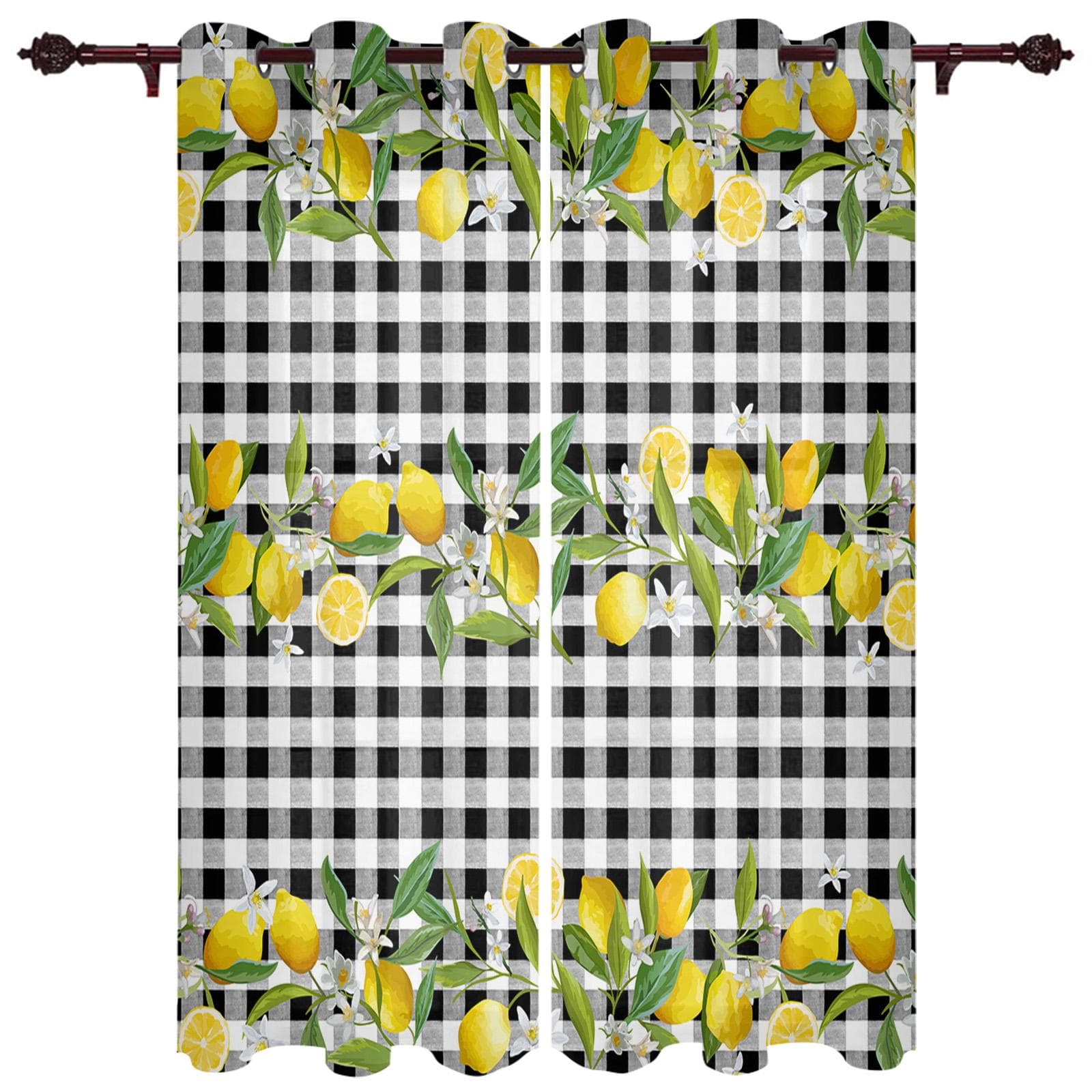 Modern Window Curtains for Living Room Summer Lemon Plaid Curtains for Child Bedroom Kitchen Decor Blinds Drapes 135W x 60H(cm) x1