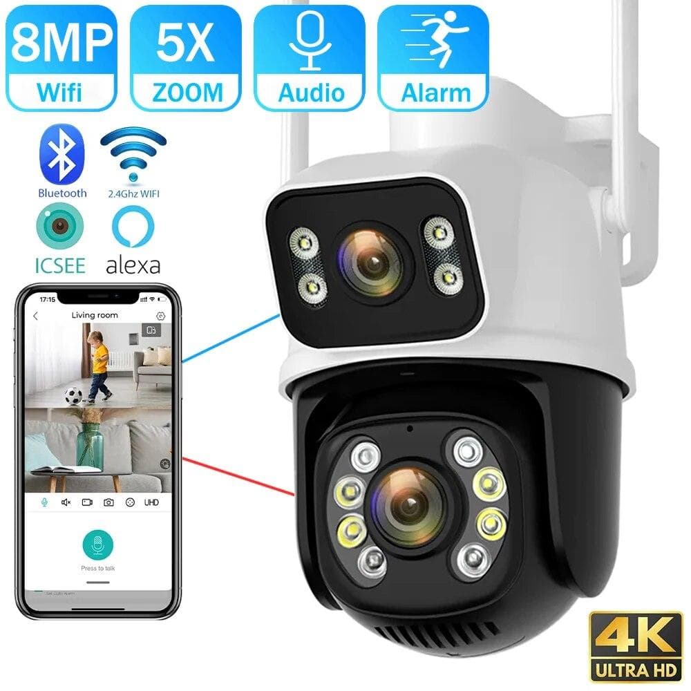 8MP 4K Dual Lens Wifi PTZ Camera Smart Home Night Vision Dual Screen Outdoor Security Protection CCTV IP Camera ICSEE APP AU Plug