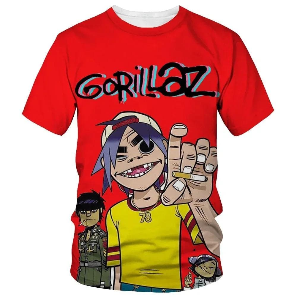 From cartoon to fashionable Gorillaz 3D printed new T-shirt, Harajuku style casual short sleeved hip-hop T-shirt for men and women, street T-shirt 6XL red