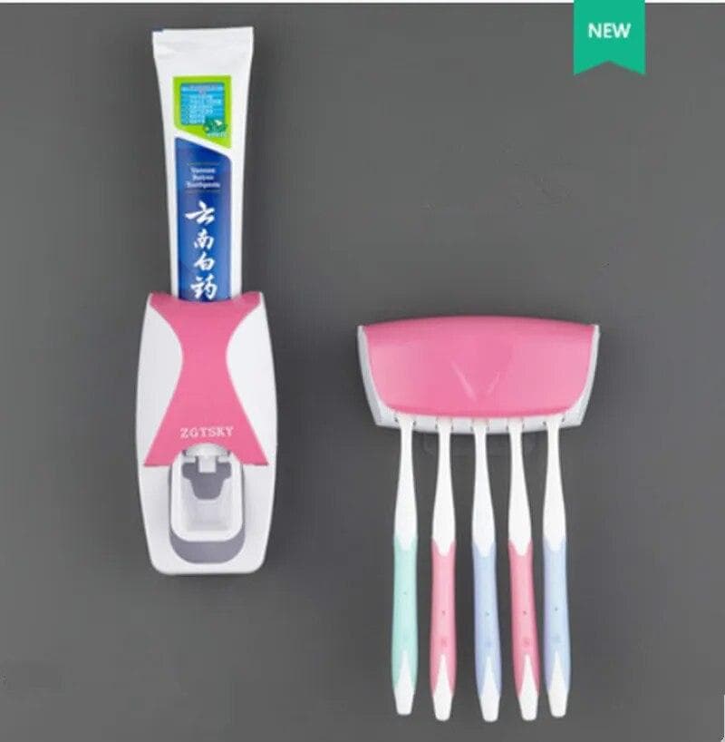 2PCS Automatic Toothpaste Dispenser Wall Mount Dust-proof Toothbrush Holder Wall Mount Bathroom Accessories Set Squeezer pink
