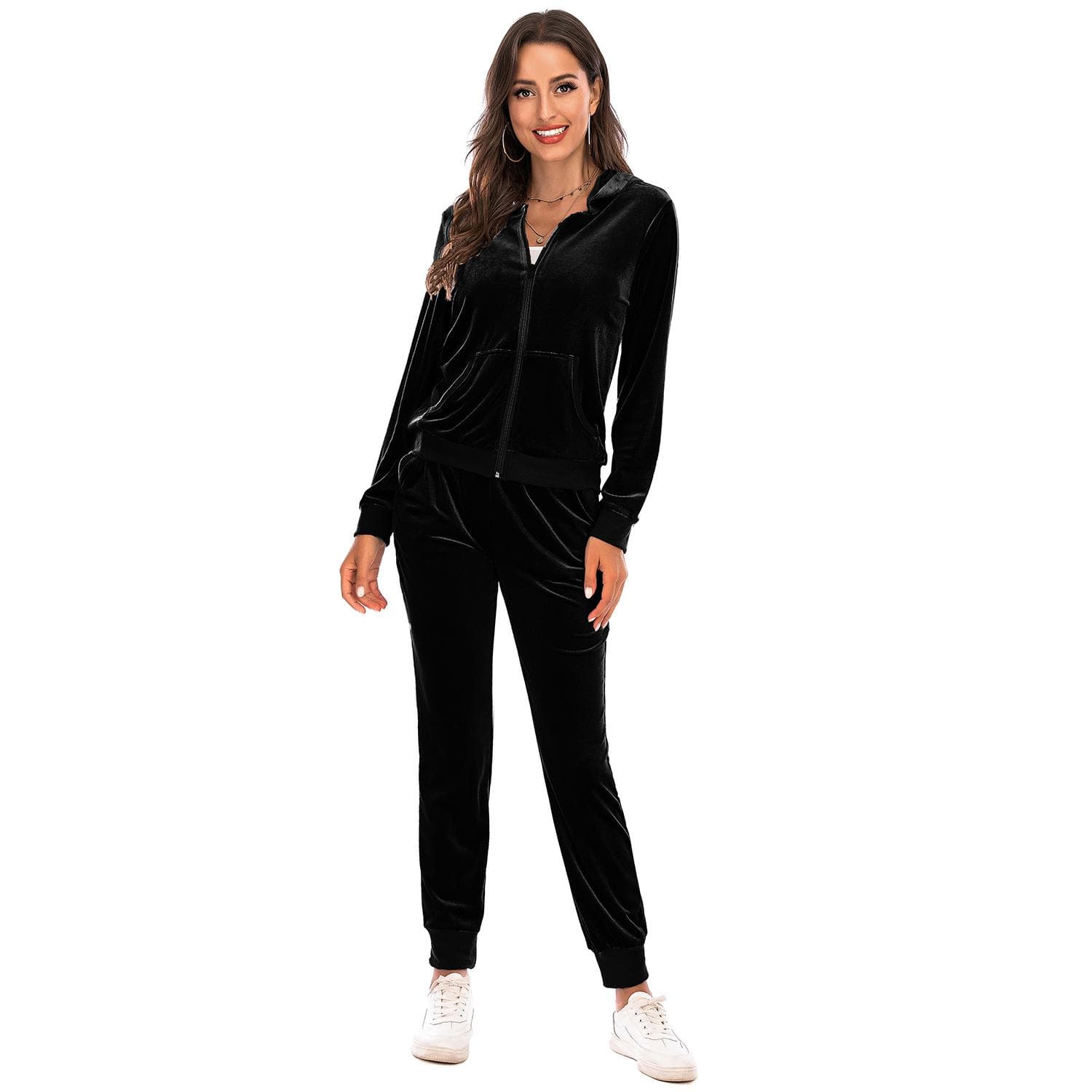 Women's Velvet Velour Super Soft Stretch Lounge Jacket Top and Bottom Set with Relaxed Zip Up Hoody and Jogger Sports Tracksuit M black