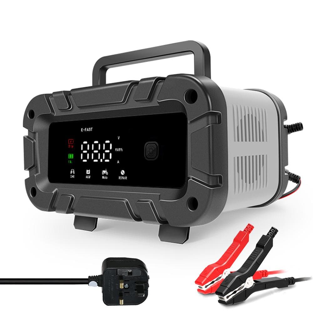 Battery Charger, 12V Smart Automatic Battery Charger with Large Display Screen, Battery Maintainer UK Plug grey