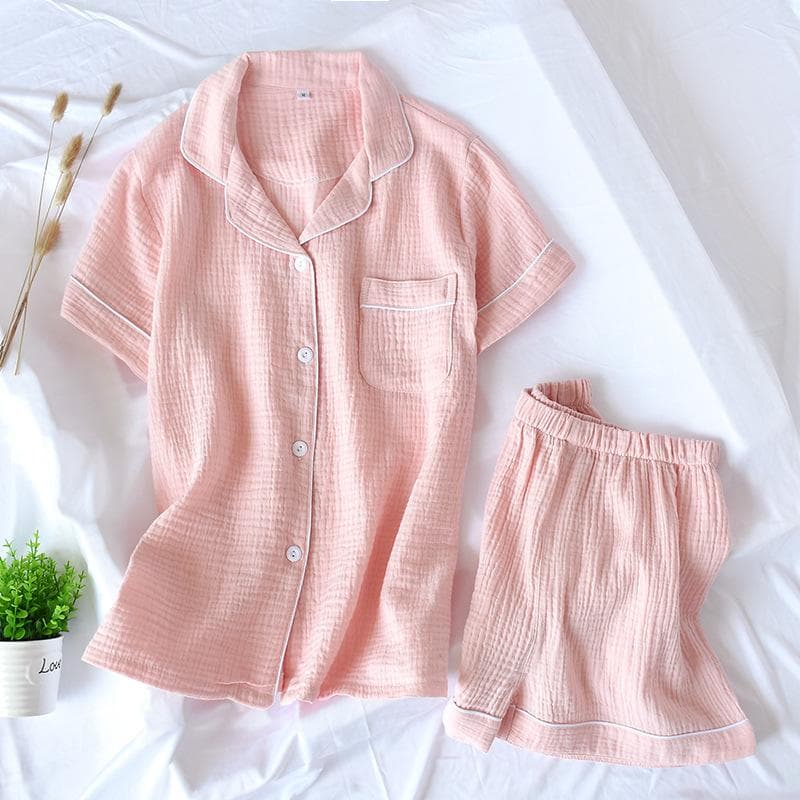 New Summer Ladies Cotton Double-layer Crepe Gauze Short-sleeved Shorts Pajamas Suit Large Size Home Service Women XL pink
