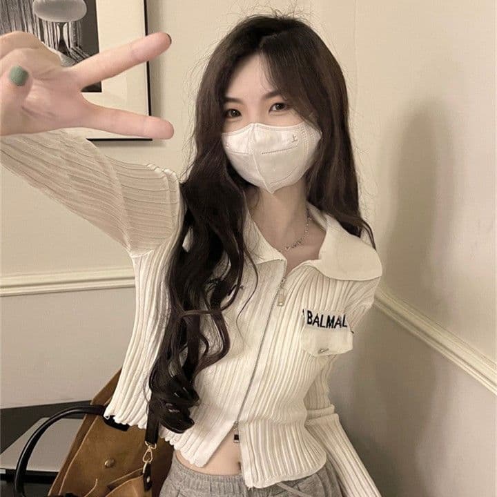 Women's Spring Vintage Double-head Zipper Letter Long-sleeved Knitted T-shirt Short Top L white