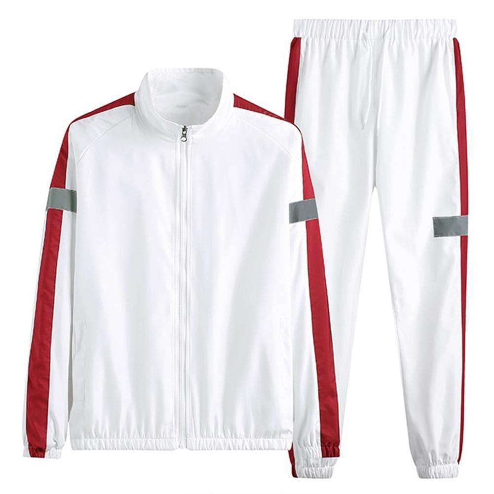 2Pcs/Set Men Sportswear Set Patchwork Color Stand Collar Long Sleeve Zipper Placket Jacket Elastic Waistband Drawstring Sweatpan XXXL white
