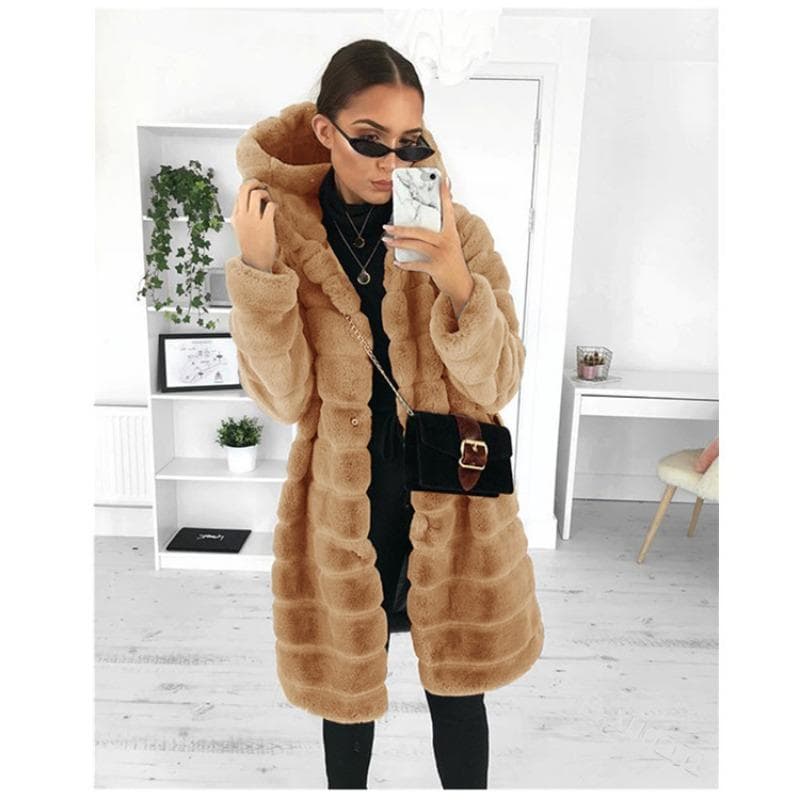 Women's Autumn and Winter Solid Color Plush Hooded Mid-length Coat 5XL