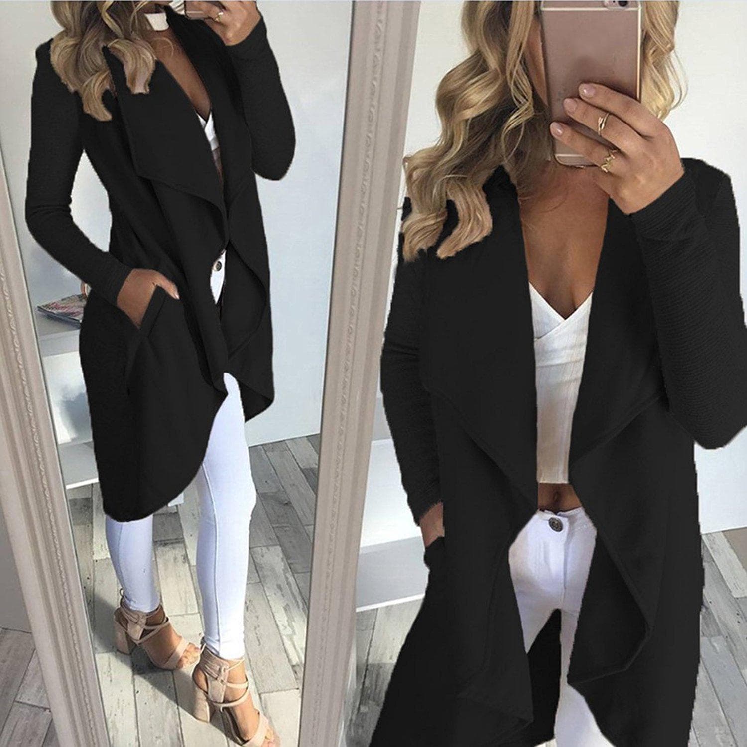 Autumn Women Trenchcoat Solid Cardigan Windbreaker Outerwear Asymmetric Lapel Collar Jacket S cool black