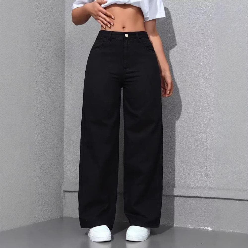 Women's High Waist Straight Leg Jeans, Loose Wide Leg Denim Pants, Acid Washed Light Blue Stretchy Jeans with Pockets, Casual Office Work Trousers 4XL black