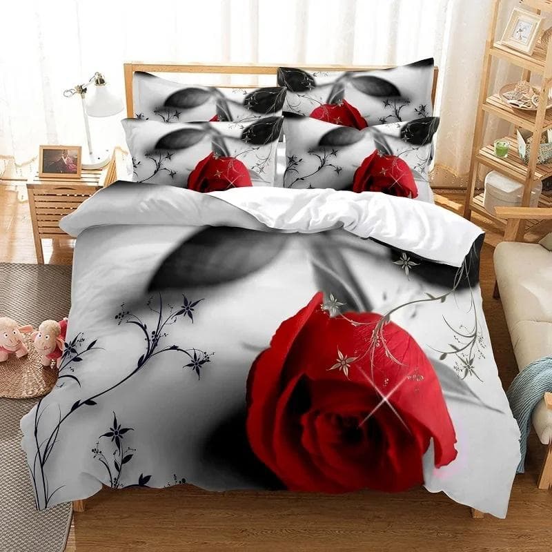 Red Rose Bedding Set Quilt/Duvet Cover Pillow Case 3D HD Double Full King Queen Twin Single 3/2PCS Polyester Comforter Cover 135X200cm-2pcs