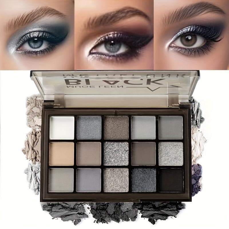 15-Shade Smoky Eyeshadow Palette Long-Lasting Highly Pigmented Eyeshadow with Versatile Matte and Glitter Finishes, Punk Black and Grayscale Colors