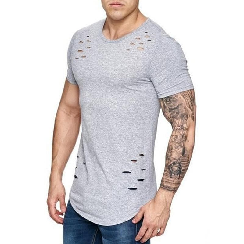 Summer T-Shirt Men Fashion Hole Distressed Fitness T Shirt Short Sleeve Solid Slim Fit Hip Hop T-shirt Yasheng XL gray