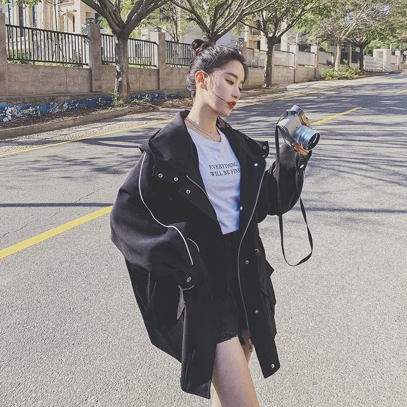 Women's Large Size Black Hooded Windbreaker Women's Mid-length Spring and Autumn New Design Niche Street Style Jacket XL black