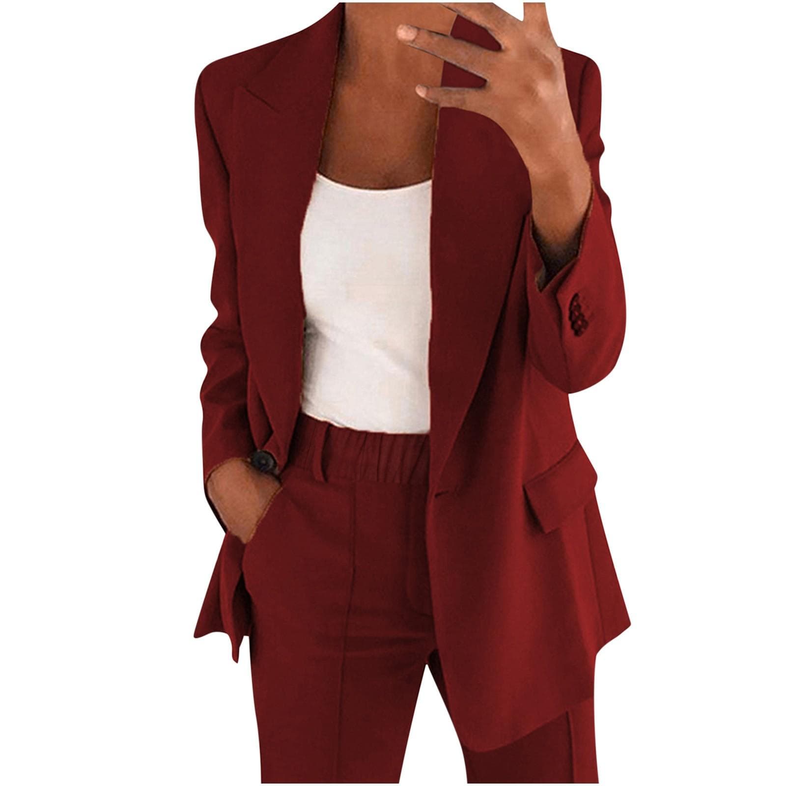 Women's Casual Long Sleeve Solid Color Lapel Cardigan Suit Jacket Pants Suit M wine