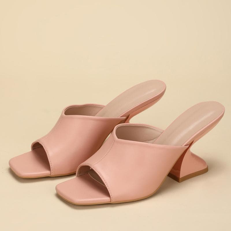 Summer Strange High Heels 8CM Slippers Women Cozy Leather Peep Toe Slip On Slide Casual Mule Shoes Ladies Gladiator Sandals Pink 35 pink