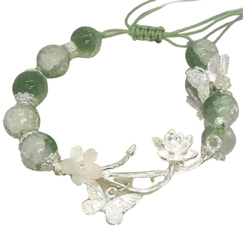 Chinese Style Imitation Jade Lotus Beaded Bracelet For Women Jewelry Gift Fashion Design Butterfly Pendant Bracelet green