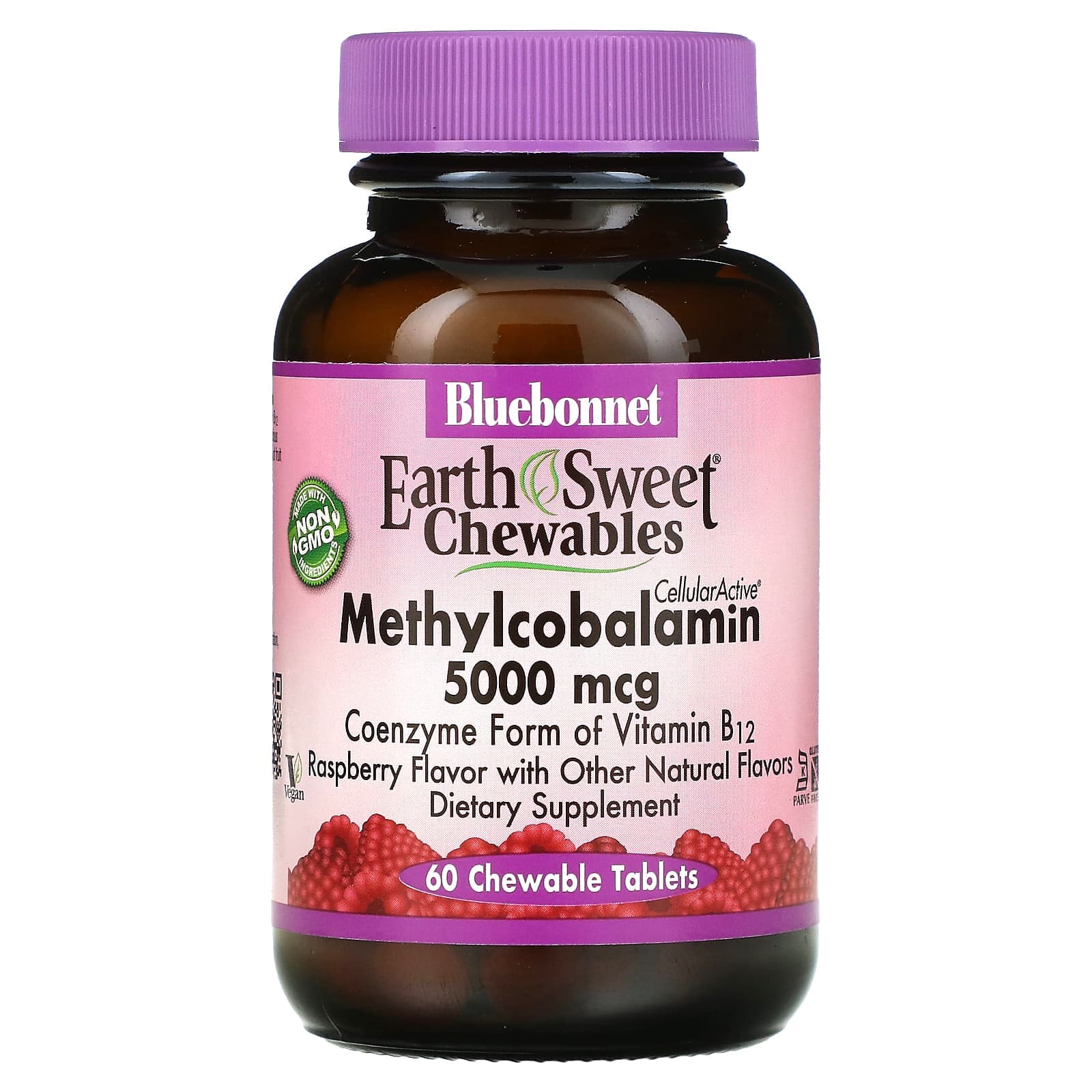 Bluebonnet Nutrition, EarthSweet Chewables, CellularActive Methylcobalamin, Raspberry Flavor, 5,000 mcg, 60 Chewables