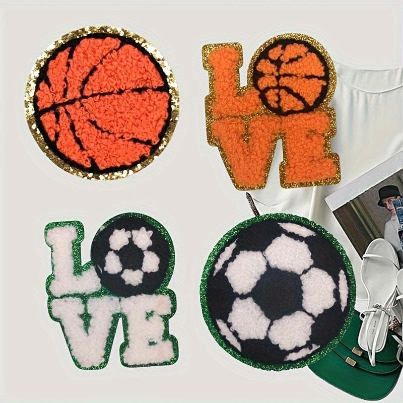 4Pcs Sporty Love Patches: Basketball and Soccer Designs -Iron-On or Sew-On, DIY Decorations for Clothing, Hats, and Bags 4Pcs
