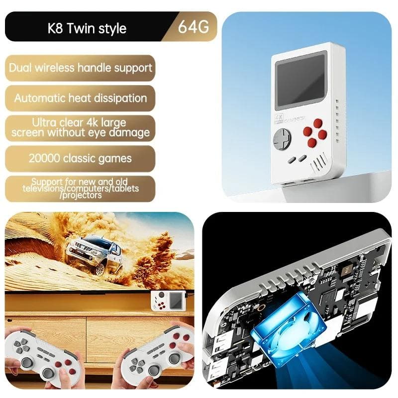 New K8 Home Game Console Psp Open Source 3d Dual 2.4g Handle Vs Video Game Console 4k Hd With Heat Dissipation Nostalgic Gift Dual Handle 64G-20000 Games