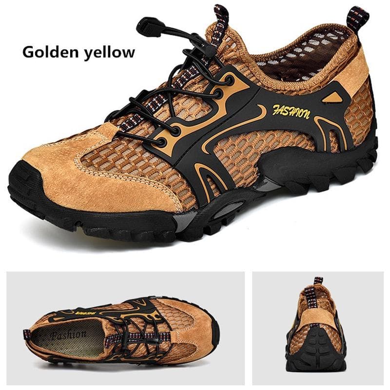 Summer Casual Beach Shoes Fashion Men Water Shoes Mesh Sneakers Men Waterproof Shoes Outdoor Hiking Shoes Casual Breathable Shoes Mesh Shoes EUR 43 golden yellow