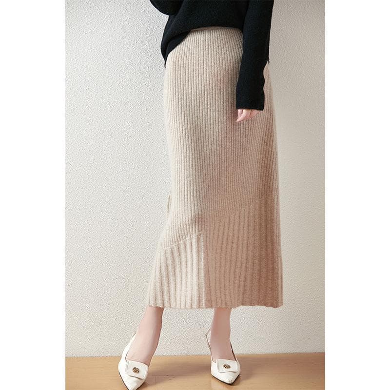 2024 Women's High Waist Pure Wool Knitted Skirt - Slim, Solid Color, All-Match Cashmere Bottom Extra Large