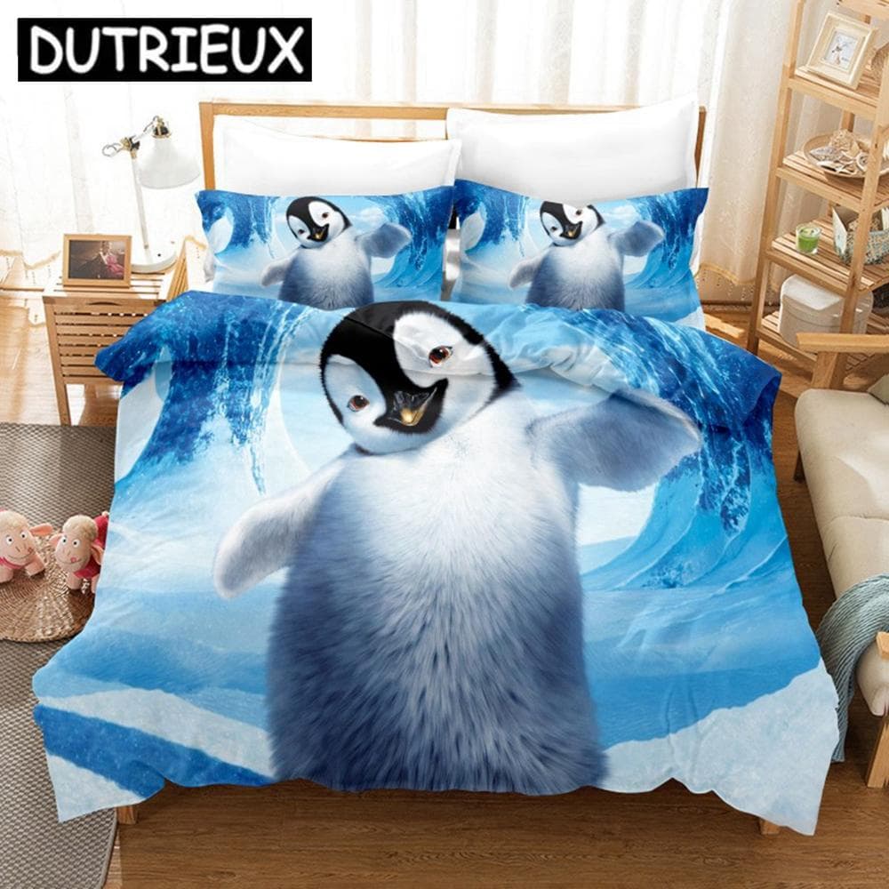 Cute Penguin Printing Bedding Sets Animal 3D Duvet Cover Luxury No Sheet Queen King Single Double Bed Linen For Kids Boy Girls EU single(135x200cm)