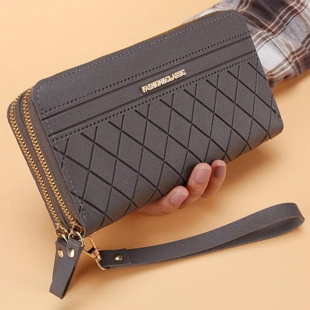 Double Zipper Long Wallet For Women Simple Female Purses Coin Purse Card Holder Fashion Retro Large Capacity grey