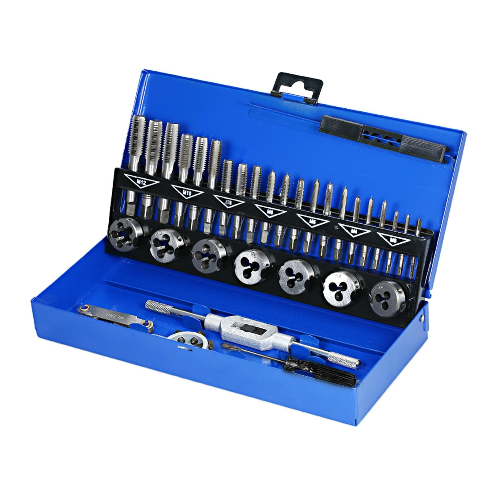 32 PCS HSS Tap and Die Set Metric Wrench Cut M3-M12 Hand Threading Tool Tungsten Carbide Tap Die dark blue