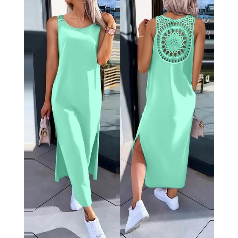 Women's Summer Hollow Solid Color Mid-length Dress L green