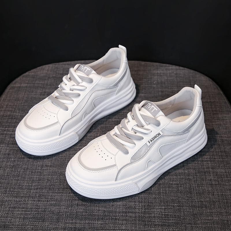 Real Soft Leather Sneakers Women's Spring New Thick-soled Mesh Breathable Student Casual All-match Small White Shoes 40