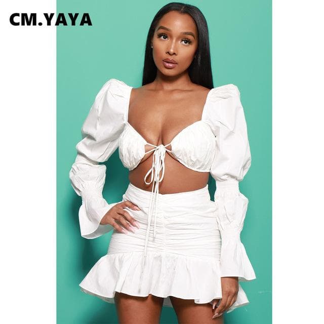 Women Skirts Set Solid Bandage Puff Sleeve Crop Tops Mini Skirt Two 2 Piece Sets Sexy Night Clubwear Fashion Outfit Fall XL