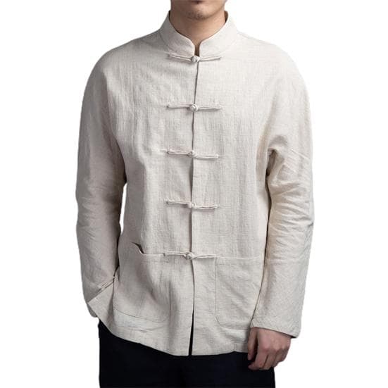 Style Shirt Top Mandarin Collar Long Sleeve Pockets Disc Button Traditional Kung Fu Tai Chi 2XL beige