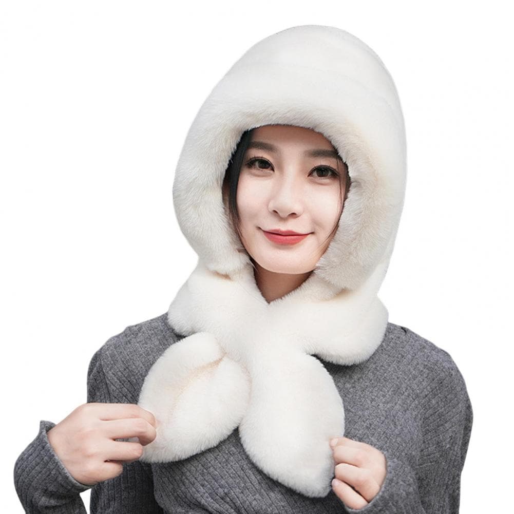 Women Winter Hat with Integrated Scarf Thick Warm Faux Rabbit Fur Solid Color Full Outdoor Cycling Travel Cold Weathe beige