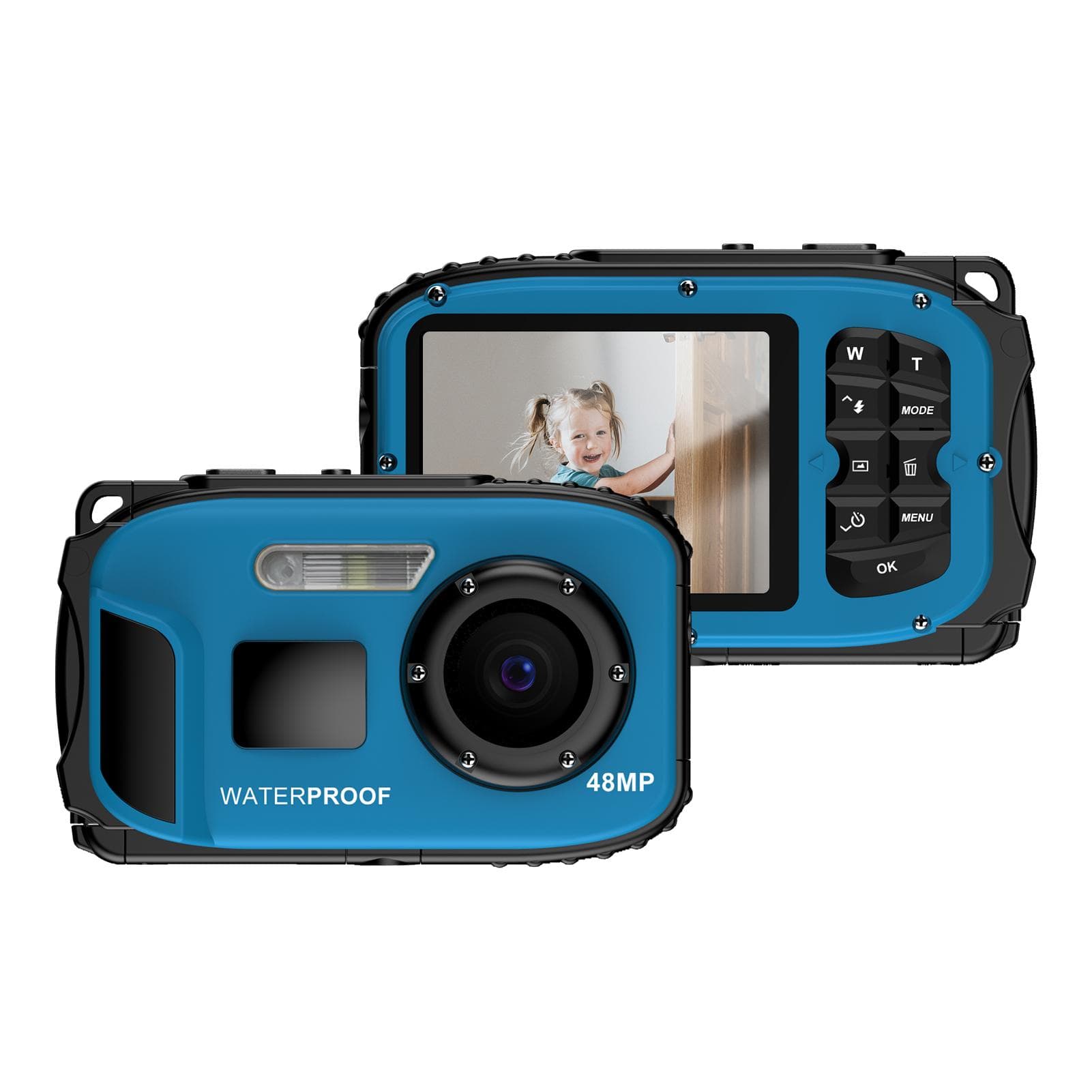 1080P Waterproof Digital Camera 48MP Digital Video Camera 2.4 Inch IPS Screen IP68 5M Body blue