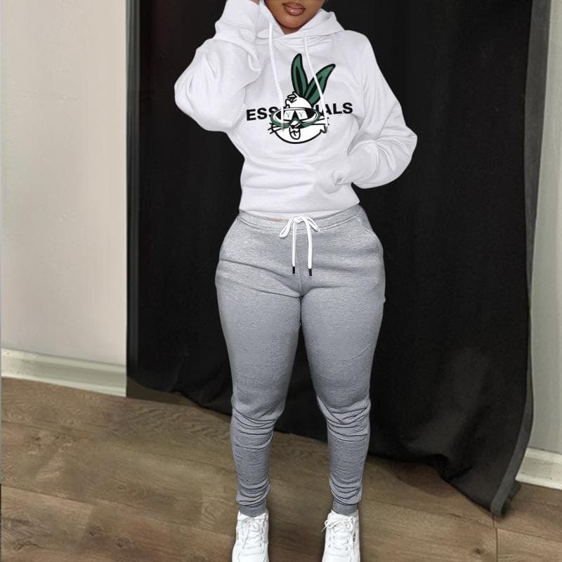 New Ladies Sweater European and American Fleece Sports Suit Bear Print Two-piece Set XL