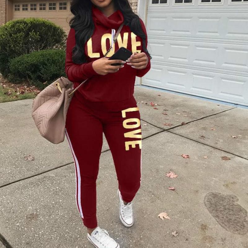 Women Two Pieces Clothes Long Sleeve Sweater Pant Casual Sportswear Suits XL wine red