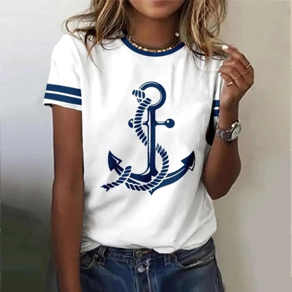 Summer Women T Shirt 3d Print Boat Anchor Print Fashion O Neck Short Sleeve Tees Tops Pullover Women's Casual Loose T-Shirt Y2k Clothing M