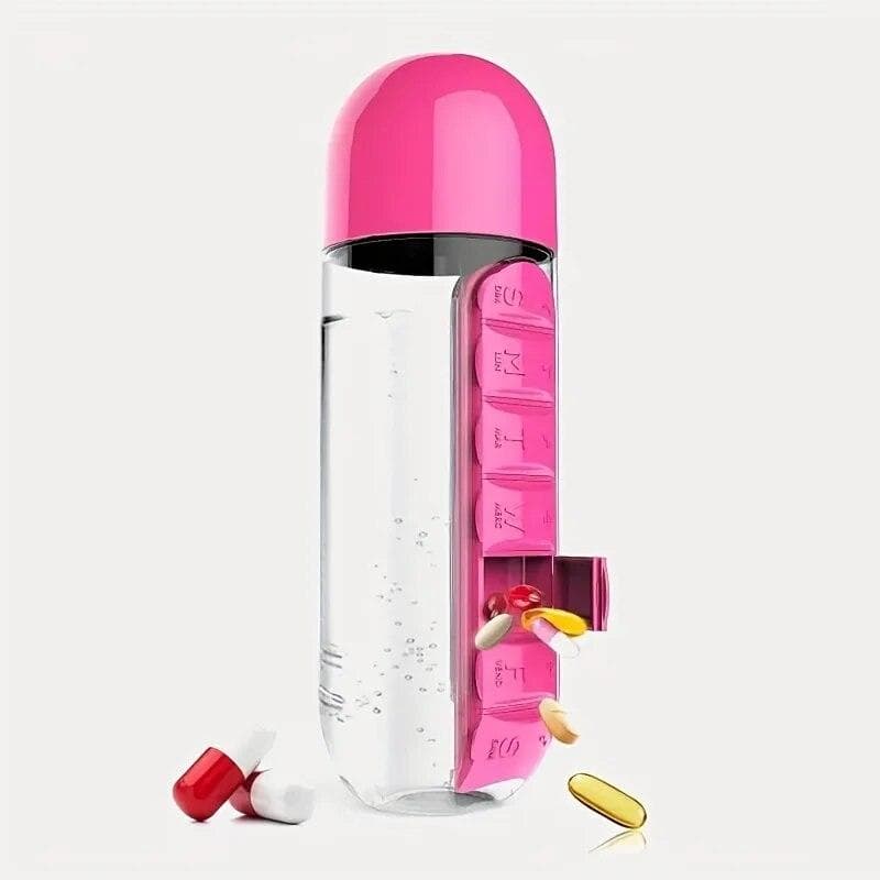 Portable Water Bottle With Built-in Pill Box for Medicines, Vitamins, Perfect for Outdoor, Gym, Fitness, Camping and Traveling pink