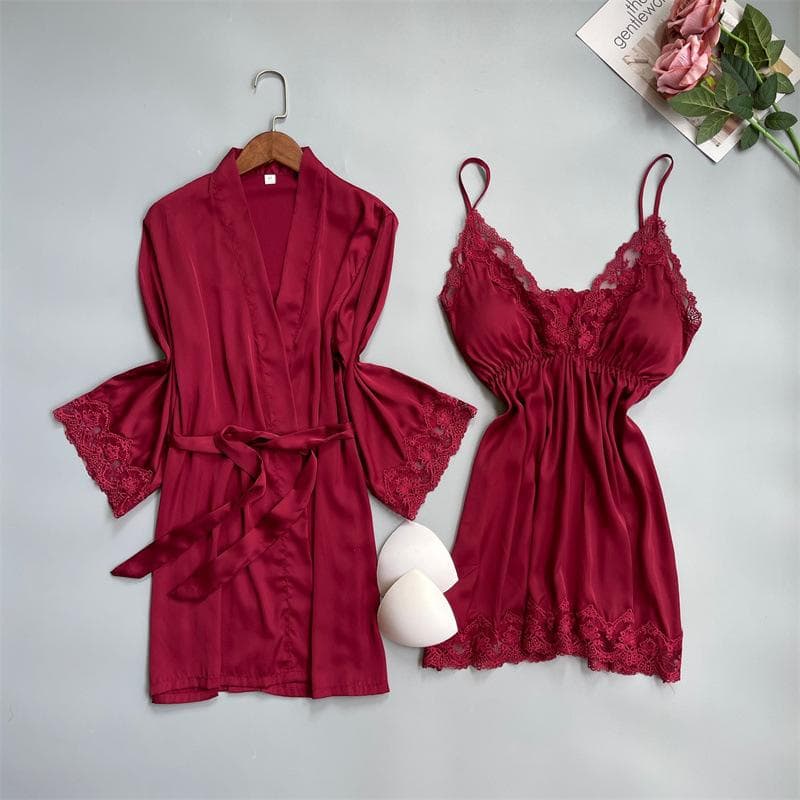 Women's 2PCS Robe Set Nightgown Embroider Lace Wedding Bathrobe Gown Sexy Satin Sleepwear Summer Home Wear Nightdress Lingerie M