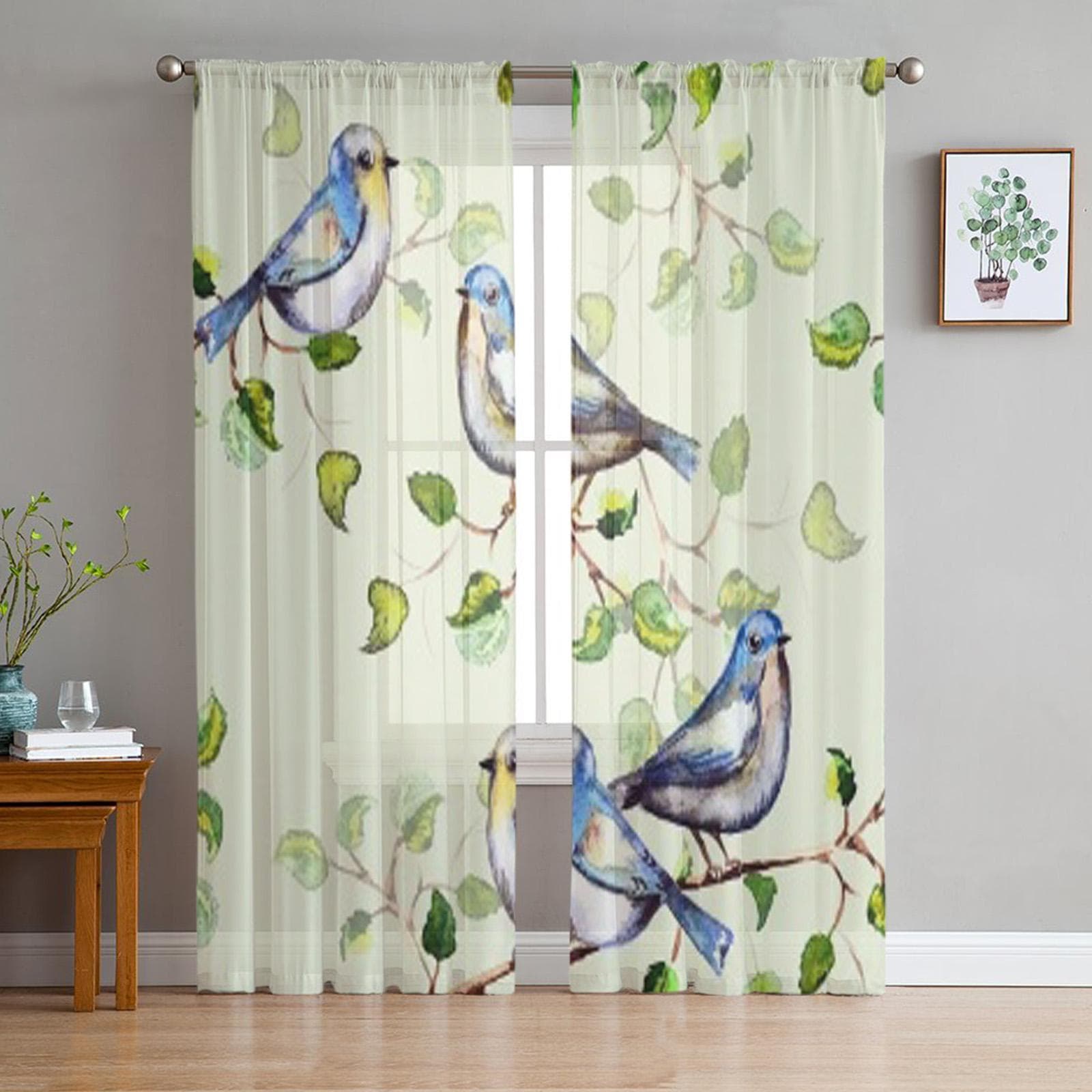 Nature Bird Leave Watercolor Sheer Curtain For Living Room Bedroom Voile Curtains For Window Organza Curtains Party Tulle Drapes 135W x 114H(cm)
