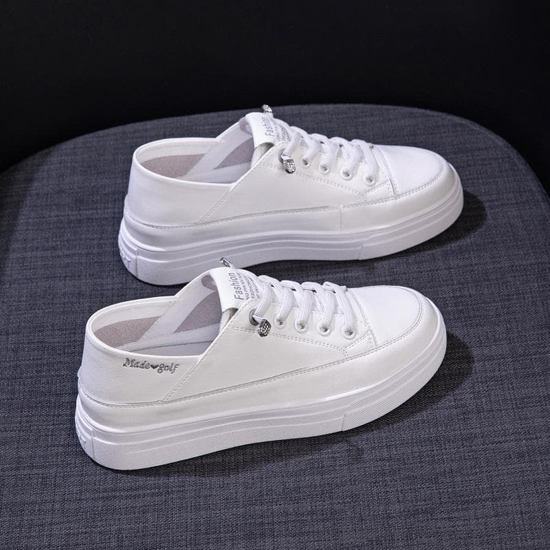 Leather White Shoes Women's Shoes Spring New All-match Flat-bottomed Casual Sneakers with Two-wear Lazy Women's Single Shoes 40 white