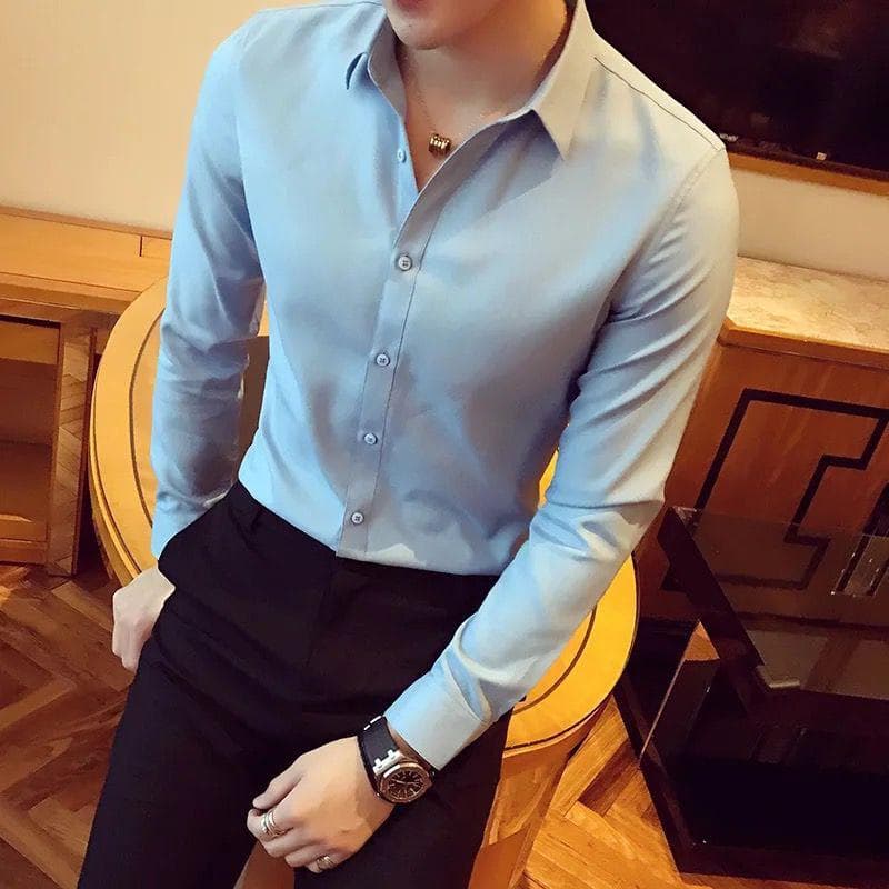 British Style Long Sleeve Shirt Men Clothing Fashion Autumn Business Formal Wear Chemise Homme Slim Fit 3XL light blue