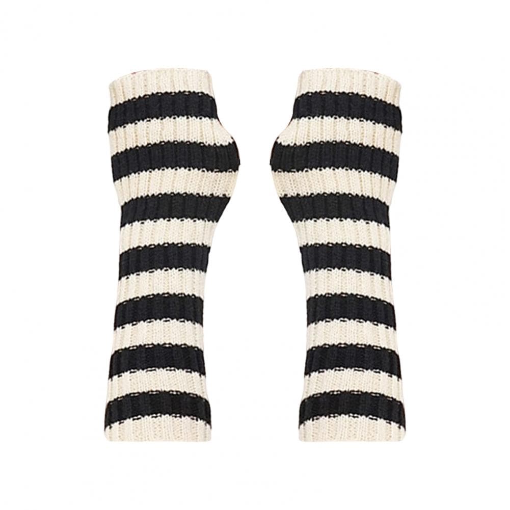 1 Pair Fall Winter Gloves Fingerless Striped Print Knitted High Elasticity Non-slip Arm Sleeves Keep Warm Windproof Cycling Arm beige