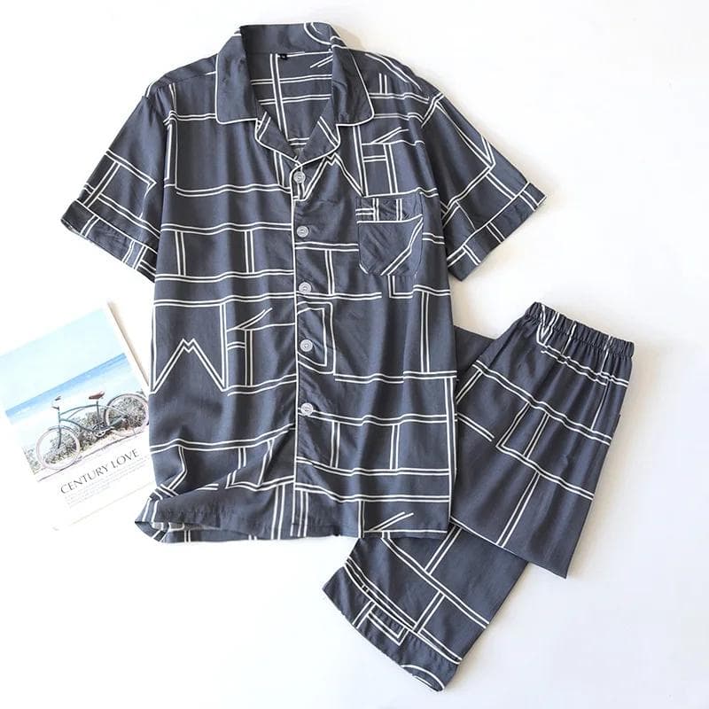 New Spring and Summer Men's Viscose Pajamas Short-sleeved Trousers Two-piece Set Large Size Geometric Cardigan Home Service Suit XL